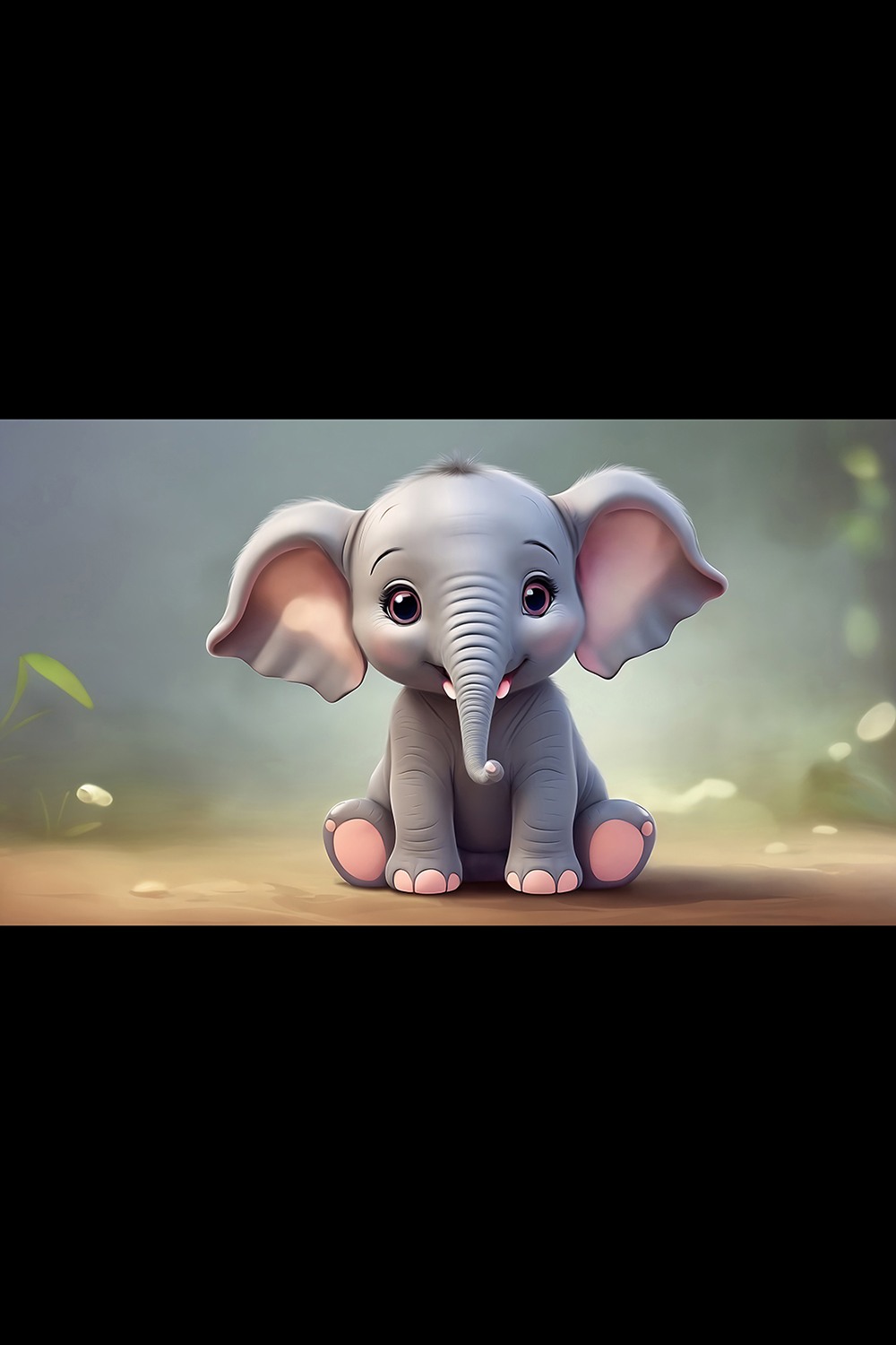 Adorable baby elephant sitting on the ground and staring at the camera ai generated pinterest preview image.