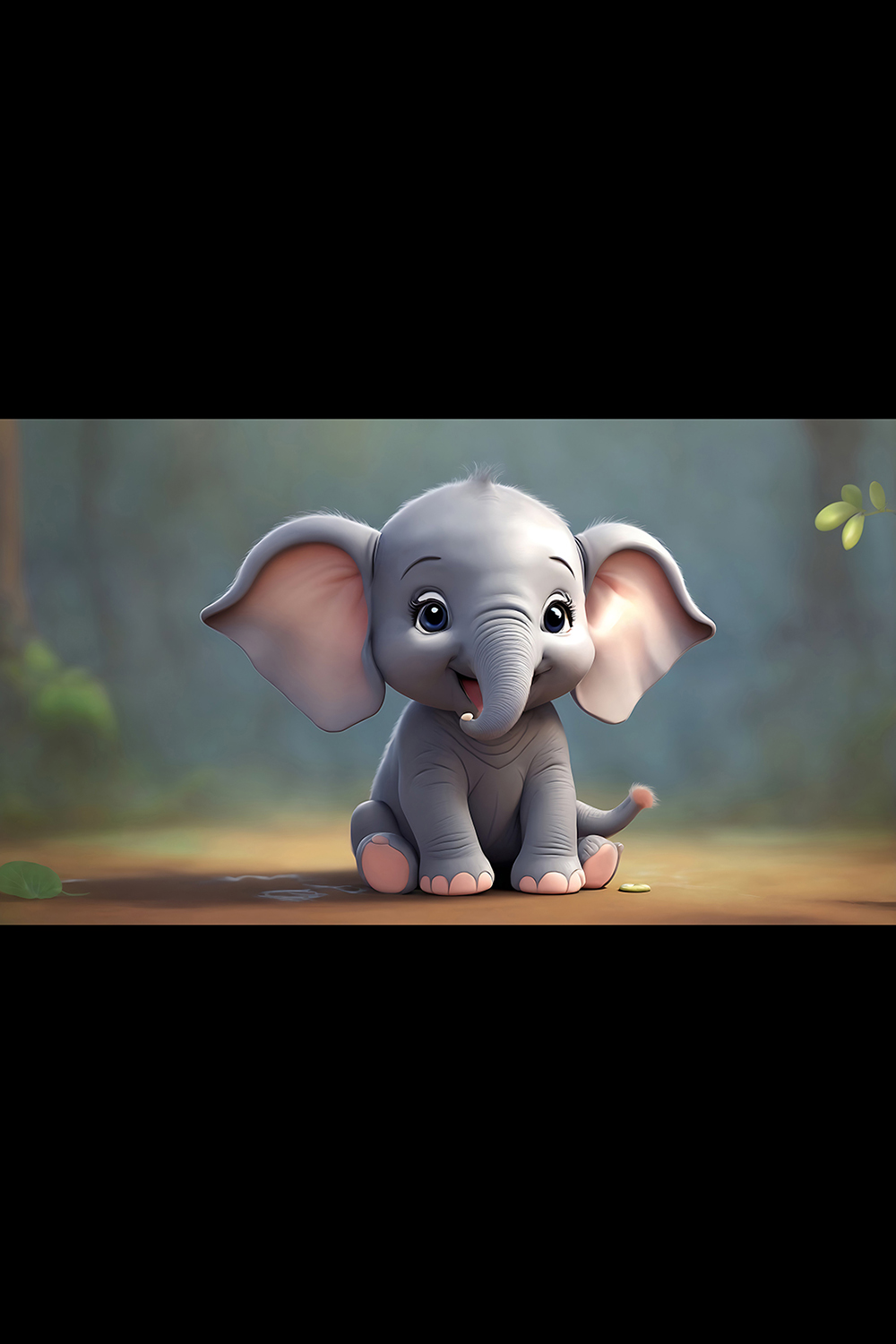Adorable baby elephant with short tail sitting on the ground and staring at the camera ai generated pinterest preview image.