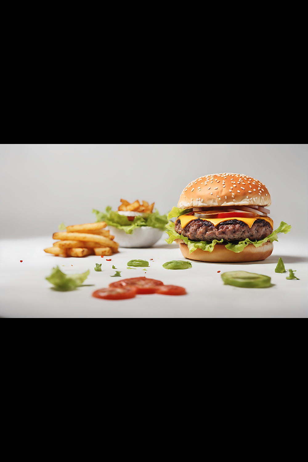 Fresh tasty burger isolated on white background with French fry ai generated pinterest preview image.