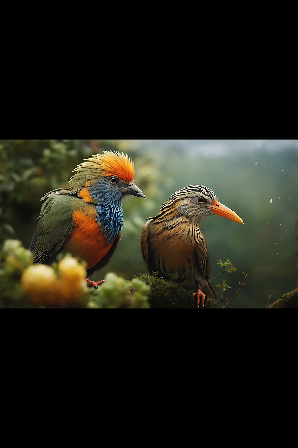 Two birds with a red head and yellow feathers is sitting on a branch ai generated pinterest preview image.