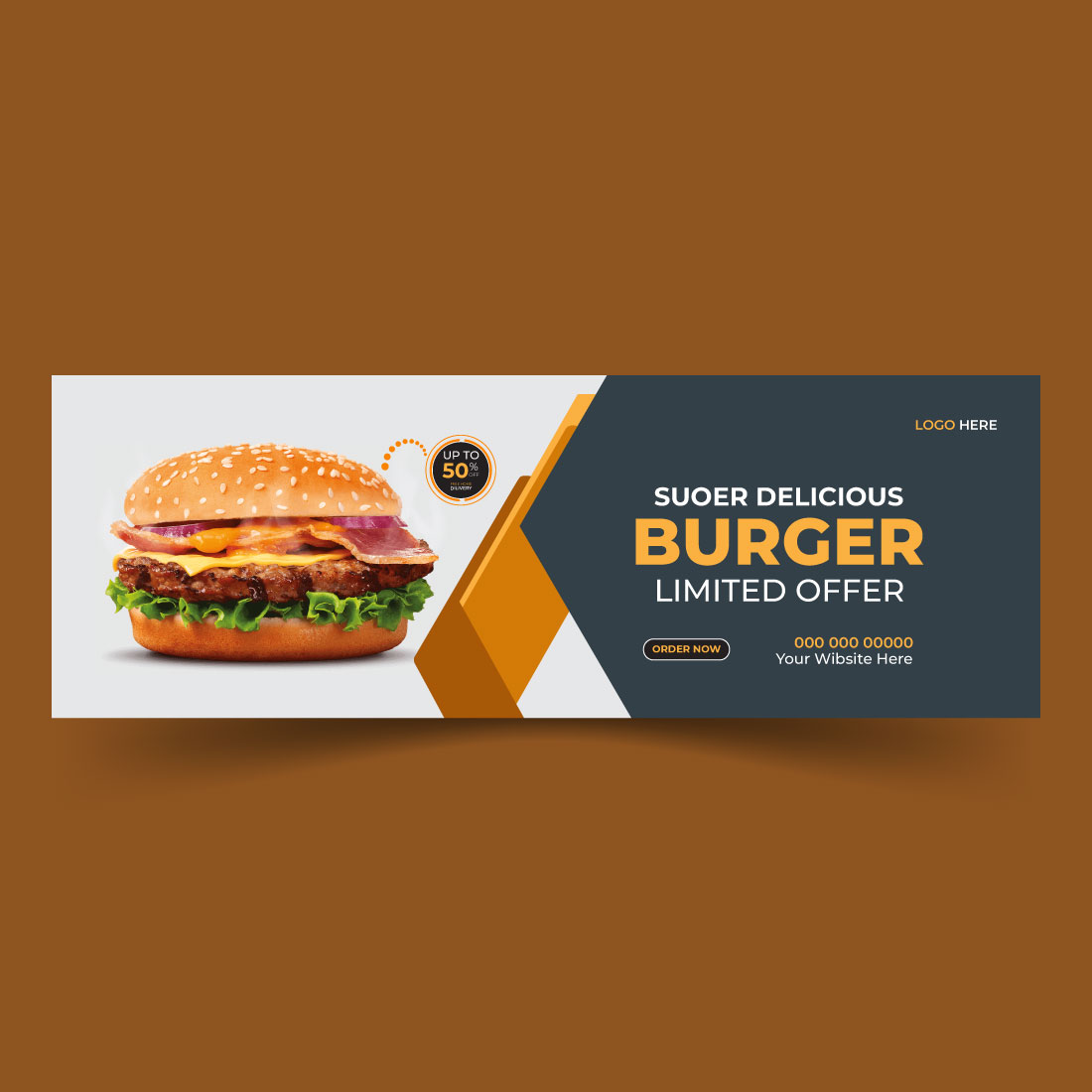 Vector Delicious burger and food menu Facebook cover template preview image.