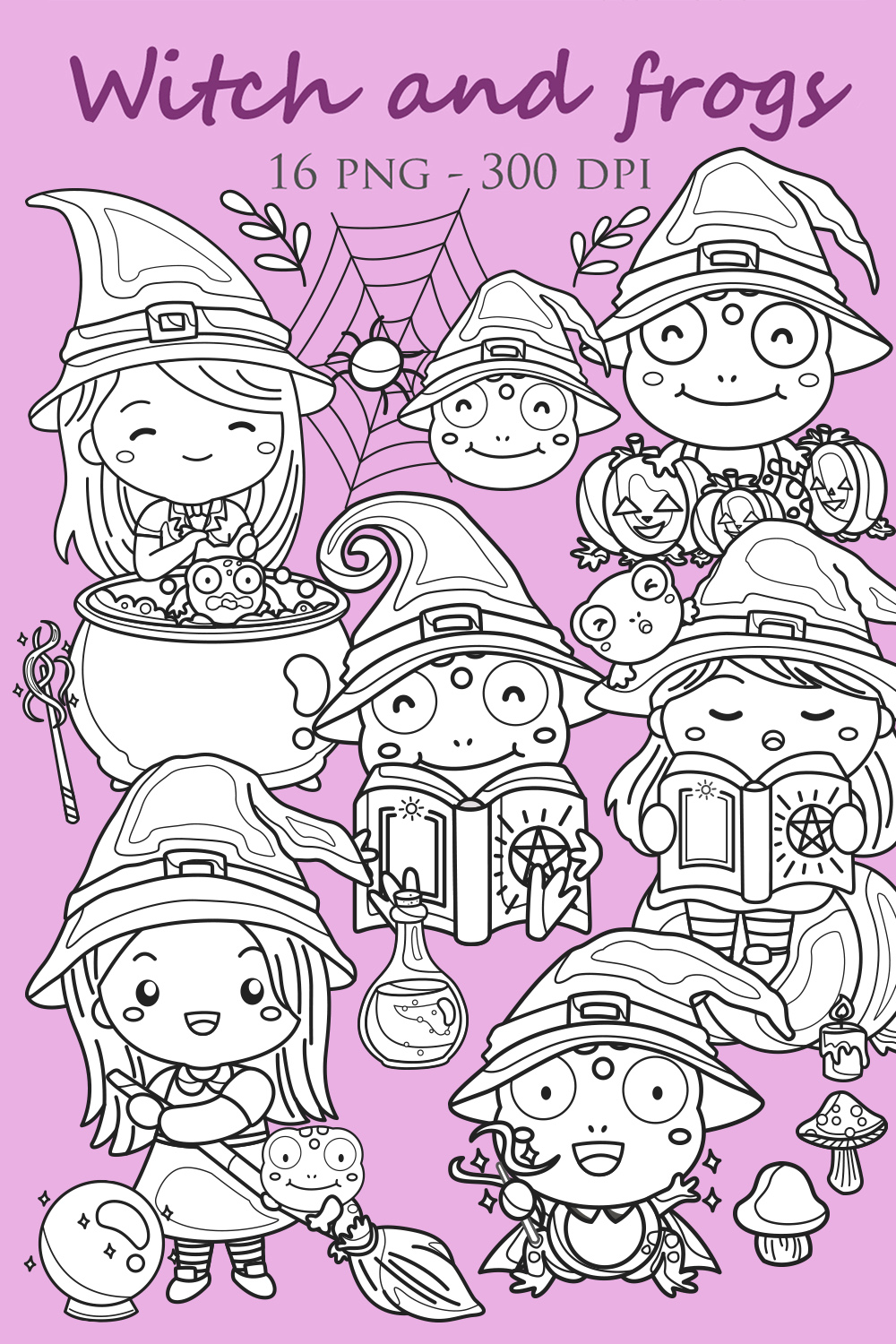 Witch and Frogs Halloween Cartoon Kids Girl Decoration Digital Stamp Outline pinterest preview image.