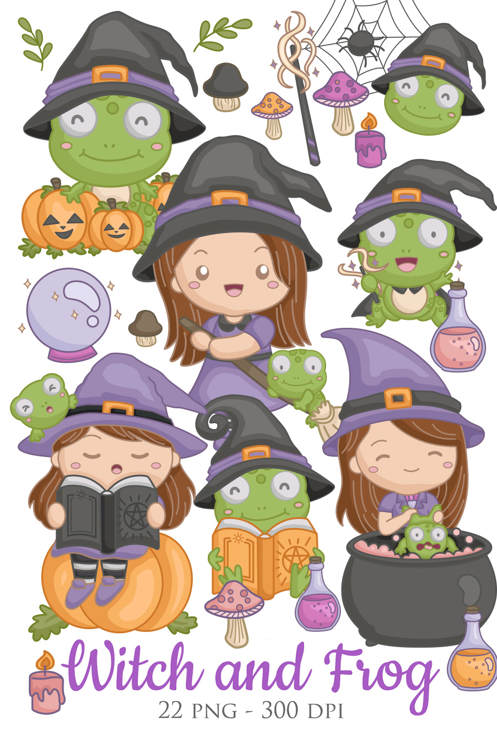 Cute and Funny Halloween Girl with Witch Costume and Frog Animal Cartoon Illustration Vector Clipart Sticker pinterest preview image.