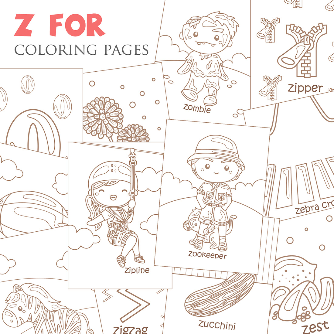 Alphabet Z For Vocabulary School Letter Reading Writing Font Study Learning Student Toodler Kids Lesson Zebra Cross Zinnia Zucchini Zipline Zero Zigzag Zeppelin Zookeeper Zest Zombie Zipper Z Cartoon Coloring for Kids and Adult cover image.
