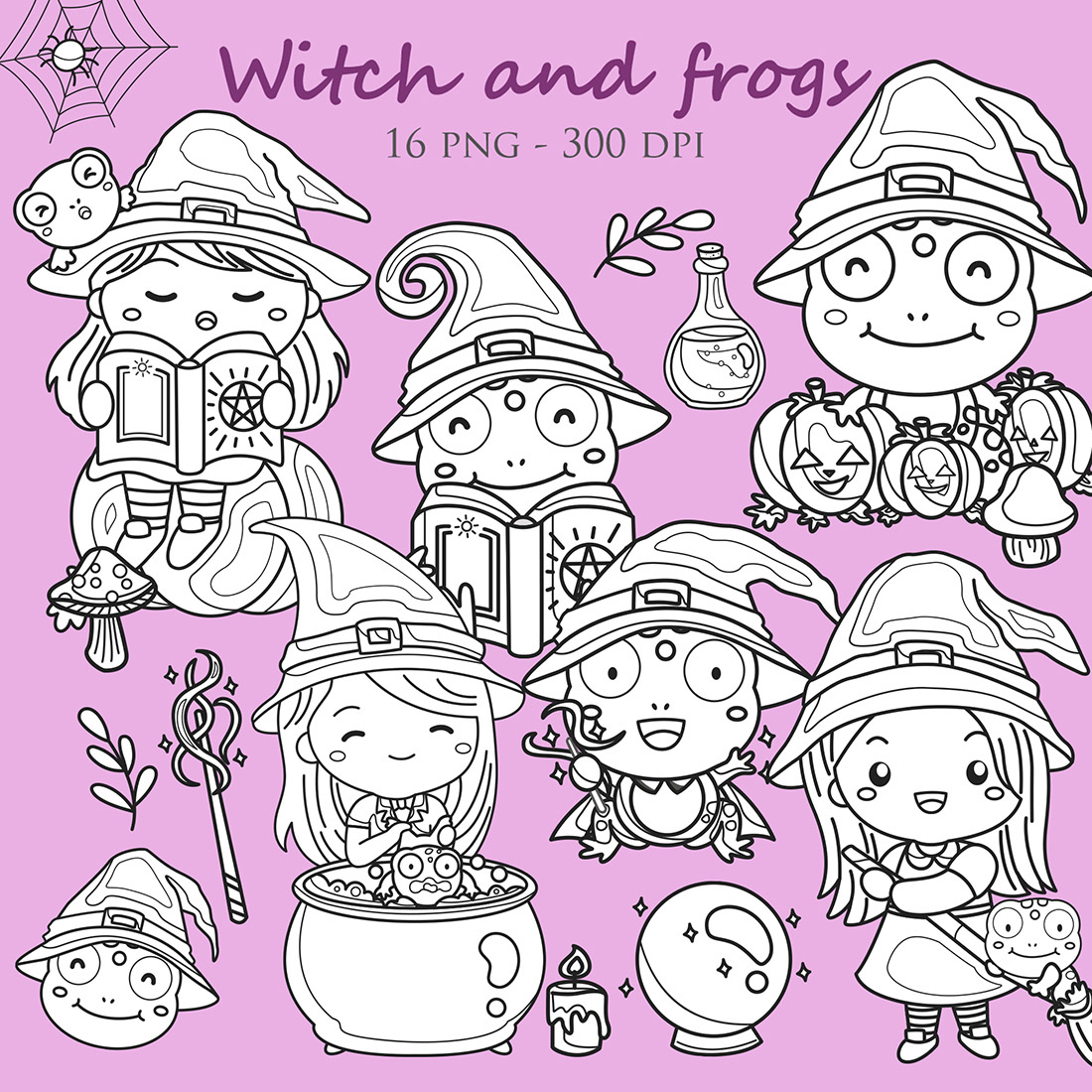 Witch and Frogs Halloween Cartoon Kids Girl Decoration Digital Stamp Outline cover image.