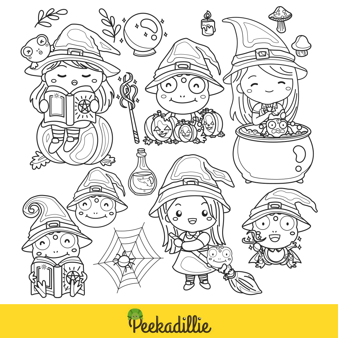 Witch and Frogs Halloween Cartoon Kids Girl Decoration Digital Stamp Outline preview image.