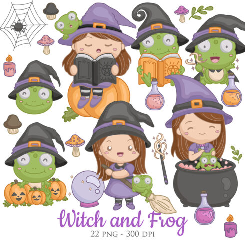 Cute and Funny Halloween Girl with Witch Costume and Frog Animal Cartoon Illustration Vector Clipart Sticker cover image.