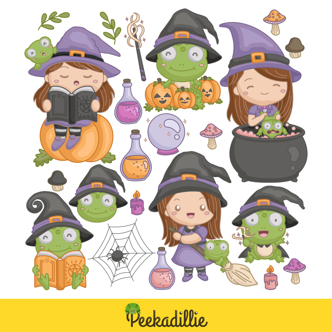 Cute and Funny Halloween Girl with Witch Costume and Frog Animal Cartoon Illustration Vector Clipart Sticker preview image.