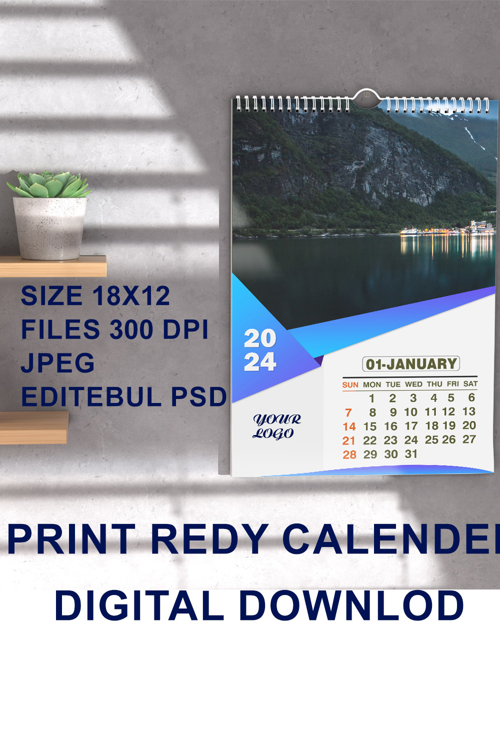 2024 Printable Jpeg Psd Wall Calendar 12 Page Pack pinterest preview image.