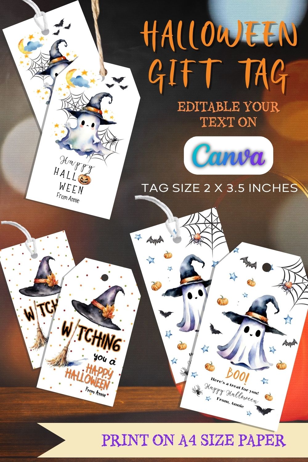 Editable Halloween Gift Tags pinterest preview image.
