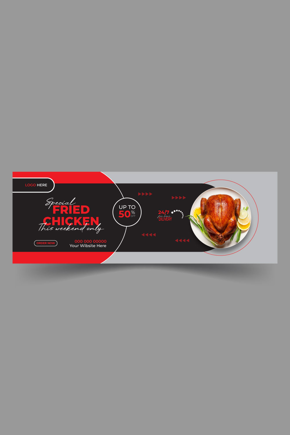 Delicious chicken and food delivery Facebook cover template pinterest preview image.