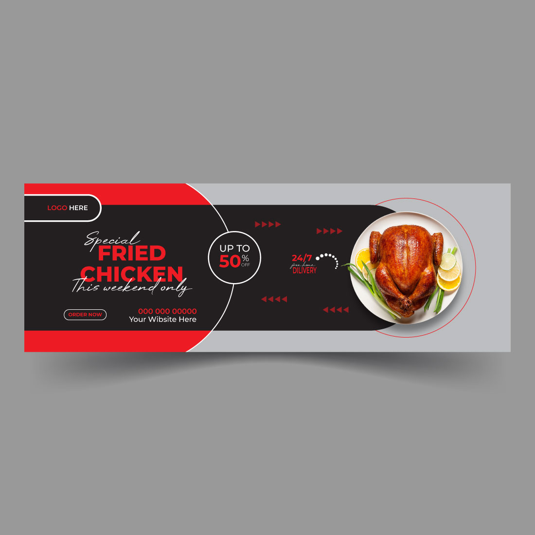 Delicious chicken and food delivery Facebook cover template preview image.
