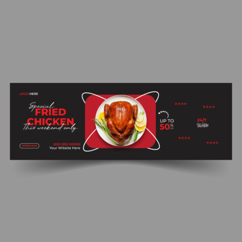 Delicious chicken and food delivery Facebook cover template cover image.