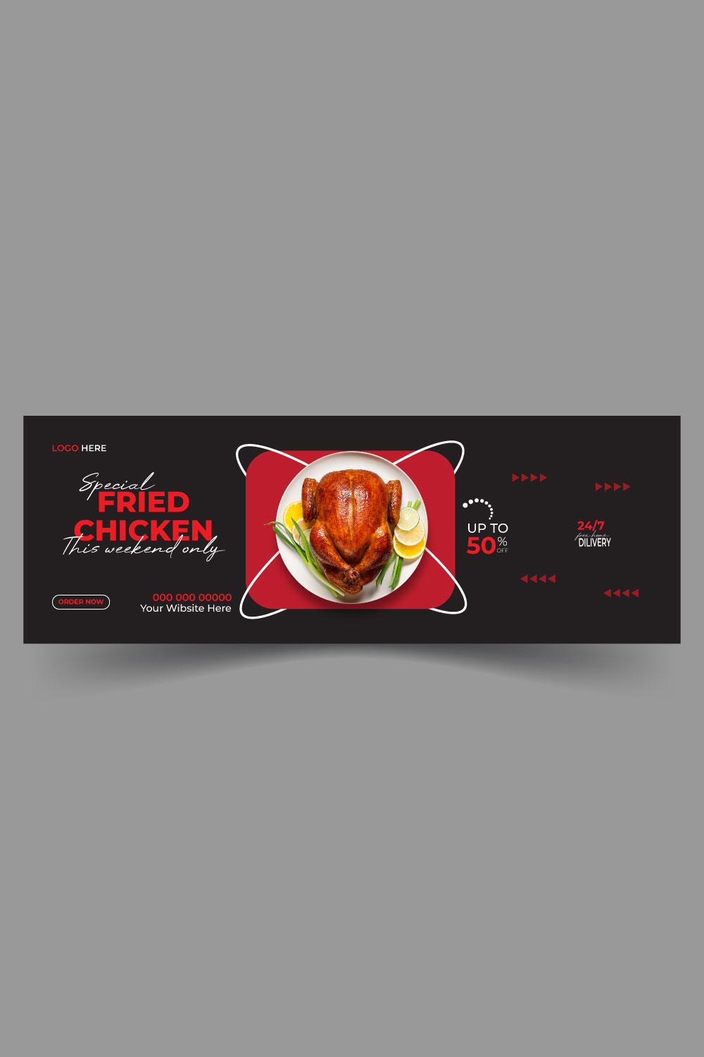 Delicious chicken and food delivery Facebook cover template pinterest preview image.