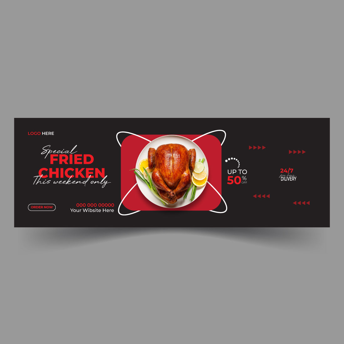 Delicious chicken and food delivery Facebook cover template preview image.