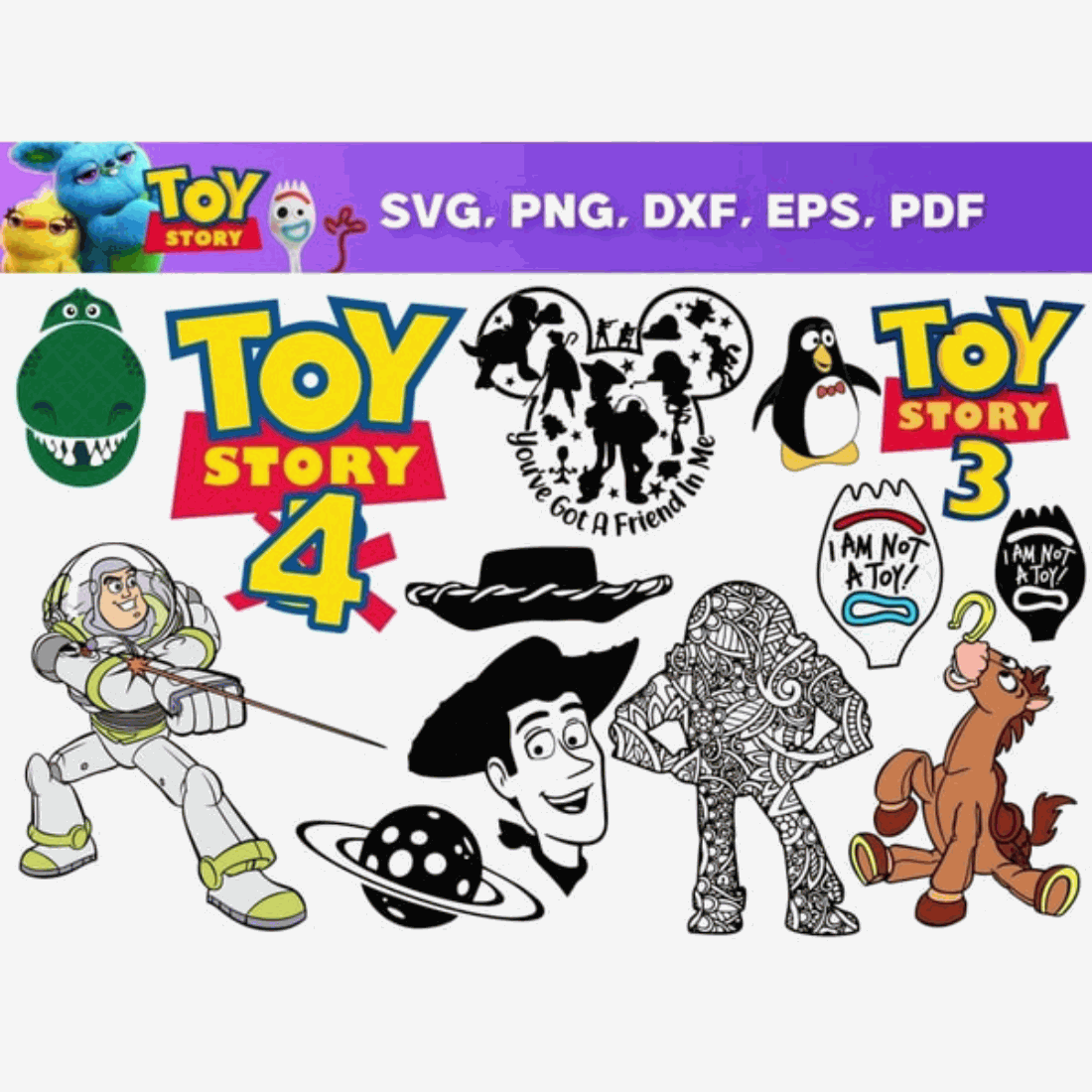 Toy Story SVG, Toy Story Font, Toy Story PNG, Toy Story Characters SVG, Woody SVG, Forky SVG, Toy Story Alien SVG preview image.