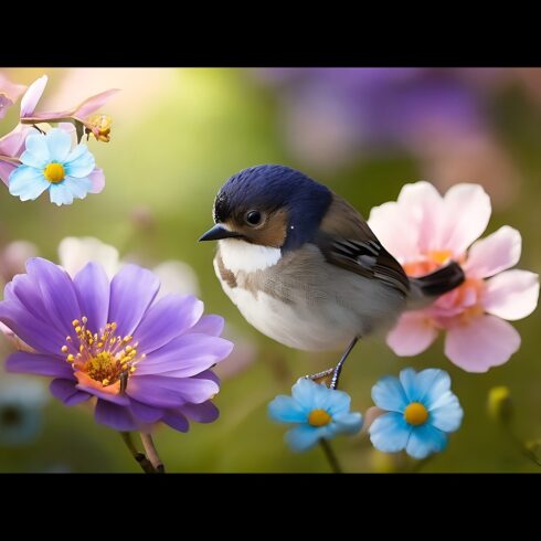 A bird with a blue head and black eyes sits on a branch of blue and pink flowers ai generated cover image.