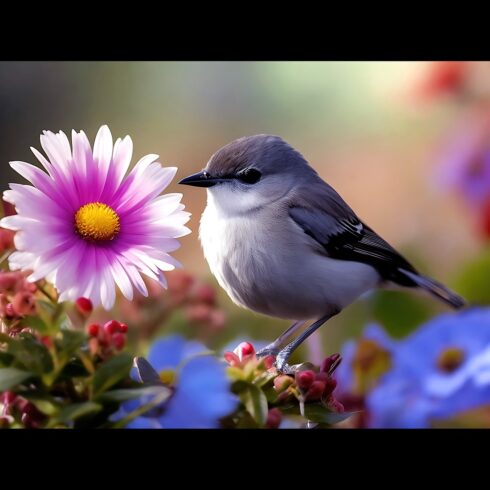 A bird with a blue head and gray feathers sits on a branch with some flowers in generated cover image.