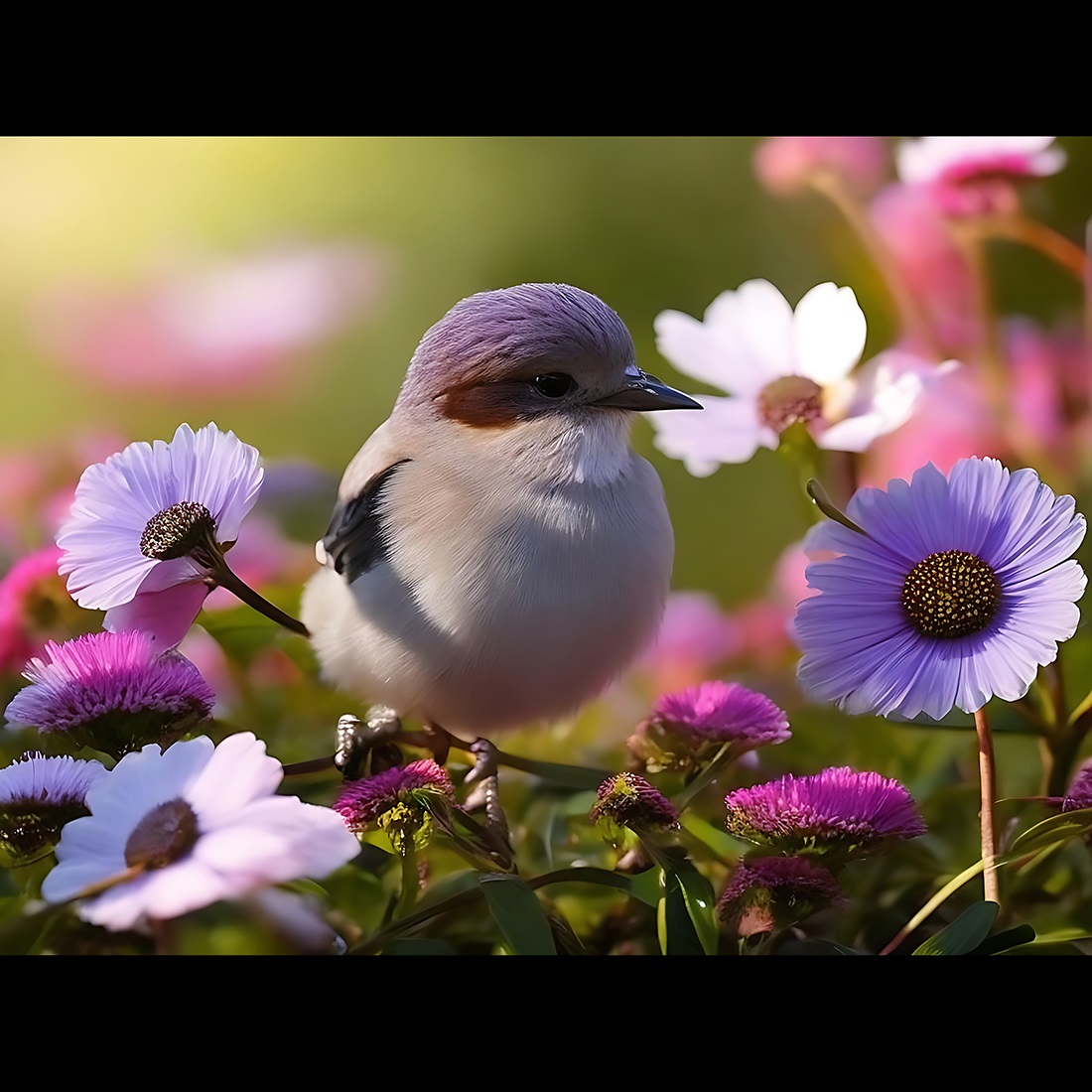 A bird with a blue head and white feathers sits on a branch with flowers ai generated cover image.