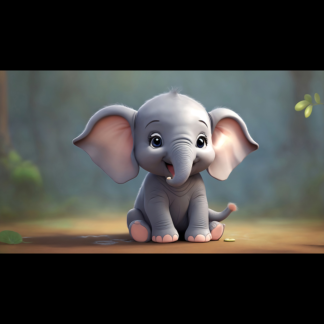 Adorable baby elephant with short tail sitting on the ground and staring at the camera ai generated preview image.