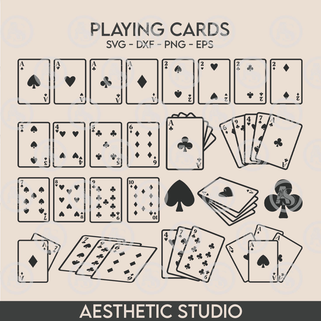 Playing Cards Svg, Cards Outline, Full Deck Playing Cards, Aces Svg, Poker Cards Svg, Royal Flush, Royal Flush Svg, Playing Cards Silhouette, Hearts Svg, Spades Svg, Clubs, Diamonds, Vector, Clipart cover image.