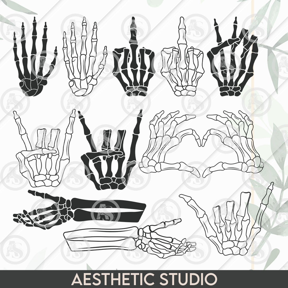 Skeleton Hands SVG, Skeleton Hands Silhouette, Middle Finger, Rack Hand, Grabbing Skelly Hands, Peace Skelly Hands, Hearts Skelly Hands Svg Cut Files preview image.