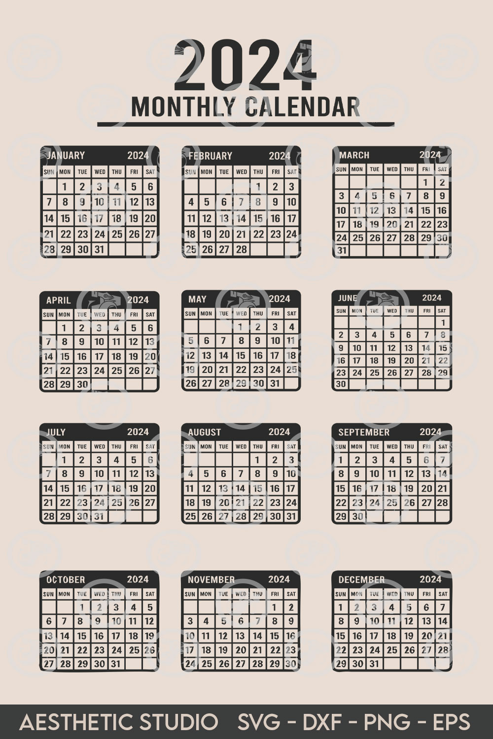 2024 Calendar, Calendar Svg, Yearly Calendar Svg, Calendar Silhouette, Calendar Clipart, Calendar Vector monthly calendar, calendar Png, Printable Calendar, Calendar Outline, svg Cut file, svg for cricut, pinterest preview image.