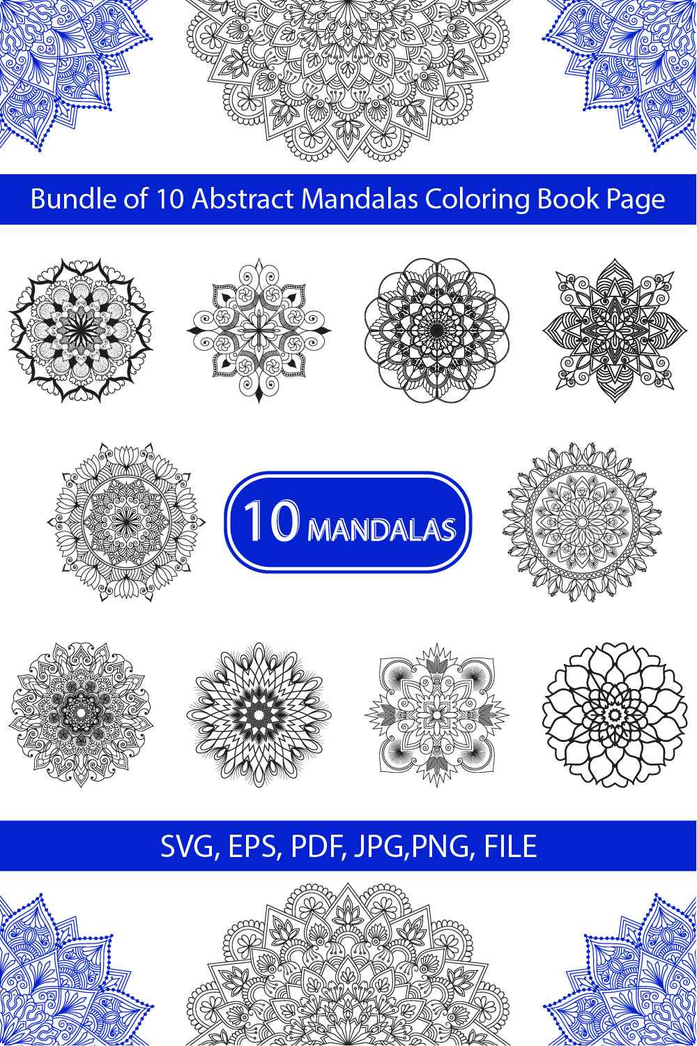 Bundle of 10 Abstract Mandala Coloring Book Page pinterest preview image.