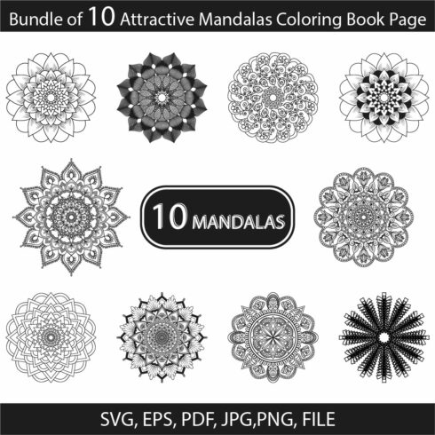 Bundle of 10 Attractive Mandalas Coloring Book Page cover image.