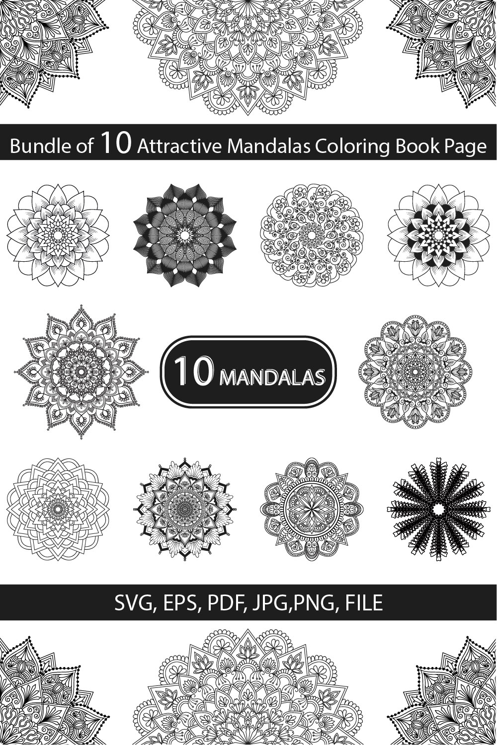 Bundle of 10 Attractive Mandalas Coloring Book Page pinterest preview image.