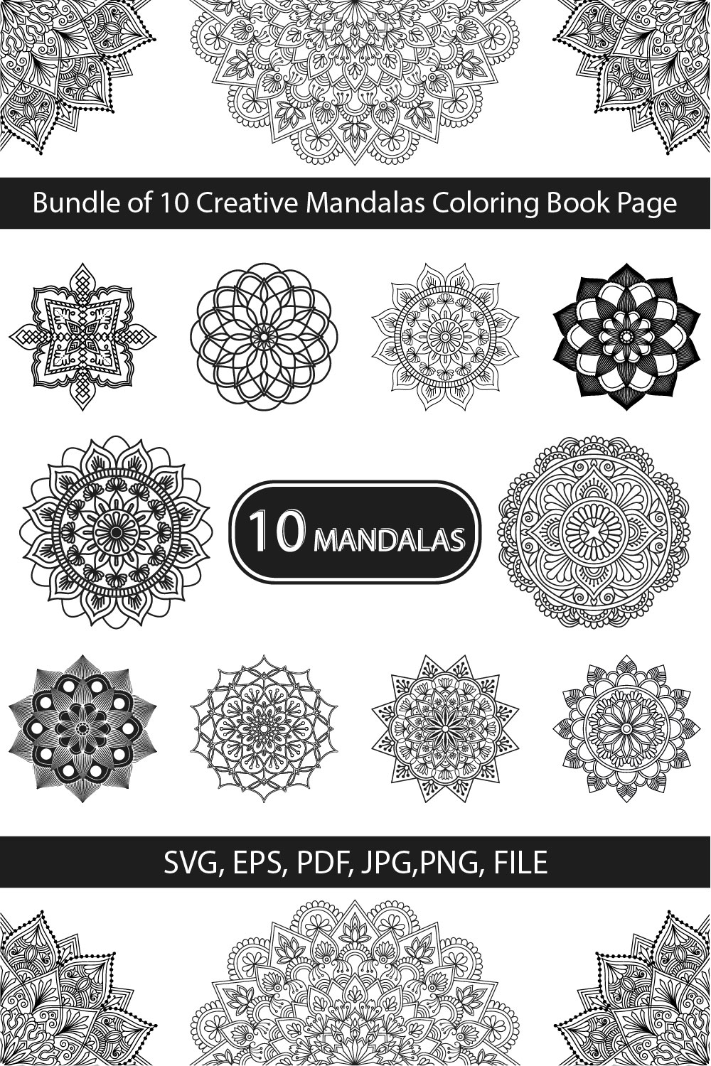 Bundle of 10 Creative Mandalas Coloring Book Page pinterest preview image.