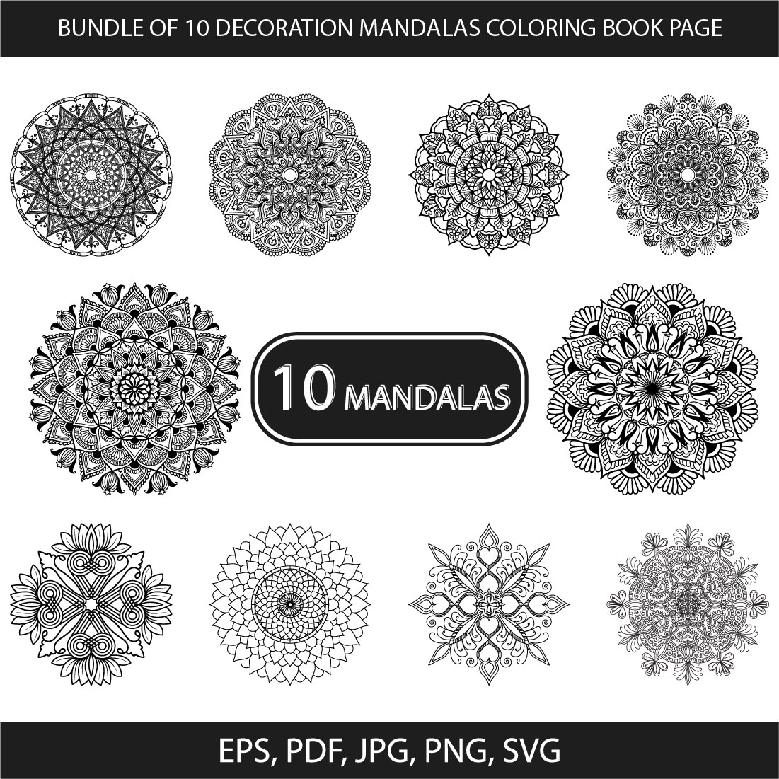 Bundle of 10 Decoration Mandalas Coloring Book Page cover image.