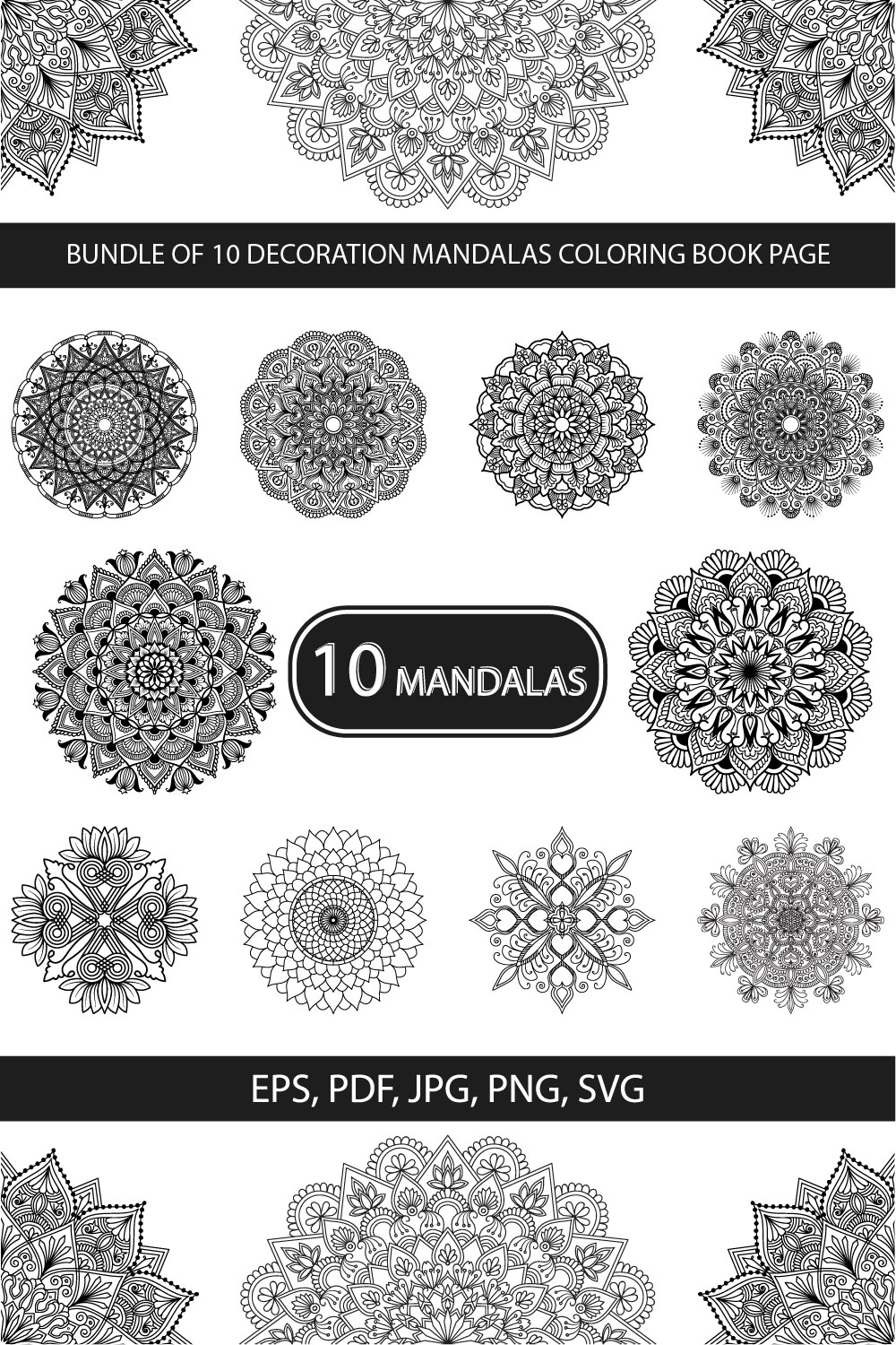 Bundle of 10 Decoration Mandalas Coloring Book Page pinterest preview image.