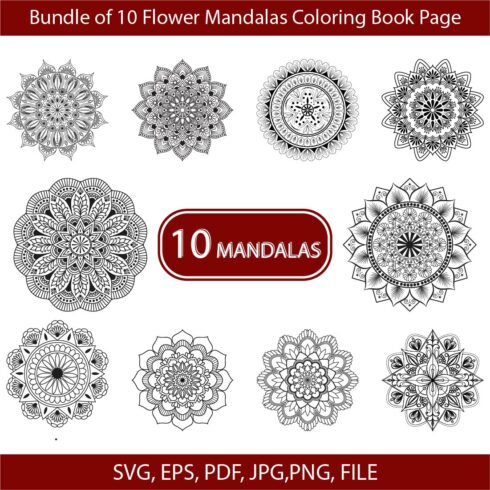Bundle of 10 Flower Mandalas Coloring Book Page cover image.
