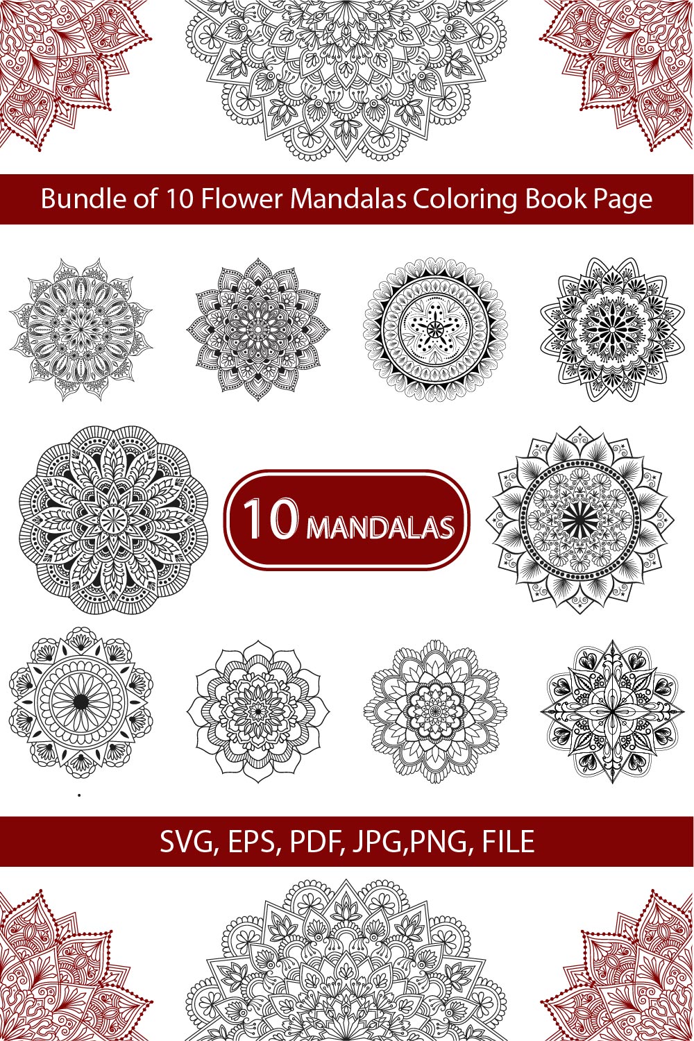 Bundle of 10 Flower Mandalas Coloring Book Page pinterest preview image.