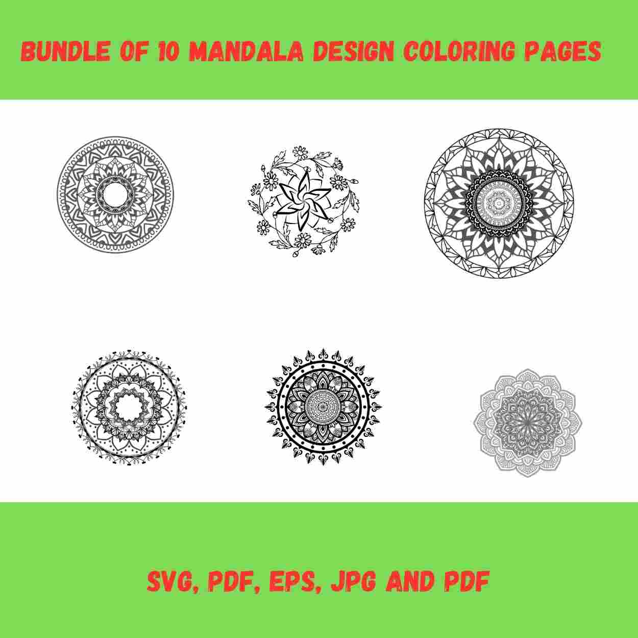 Bundle of 10 Decoration Mandalas Coloring Book Page cover image.