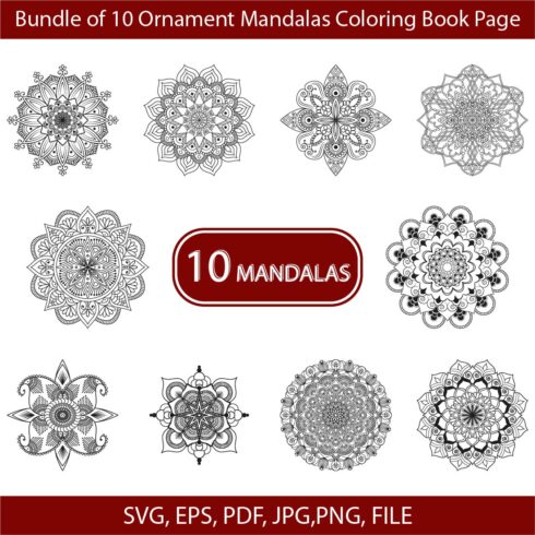 Bundle of 10 Ornament Mandalas Coloring Book Page cover image.