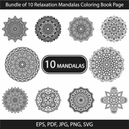 Bundle of 10 Relaxation Mandalas Coloring Book Page cover image.