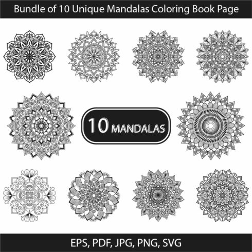 Bundle of 10 Unique Mandalas Coloring Book Page cover image.