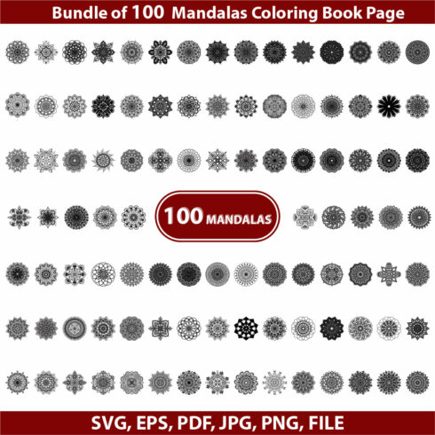 Bundle of 100 Mandalas Coloring Book Page cover image.