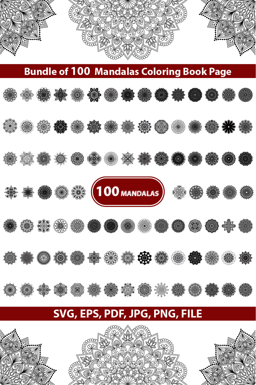 Bundle of 100 Mandalas Coloring Book Page pinterest preview image.