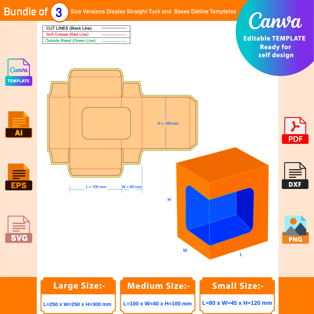 bundle of 3 size versions display straight tuck end boxes dieline templates 01 189