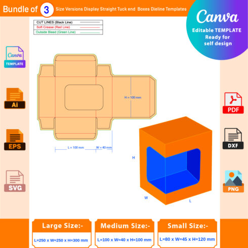 Bundle of 3 Size Display Straight Tuck end Boxes Dieline Template cover image.