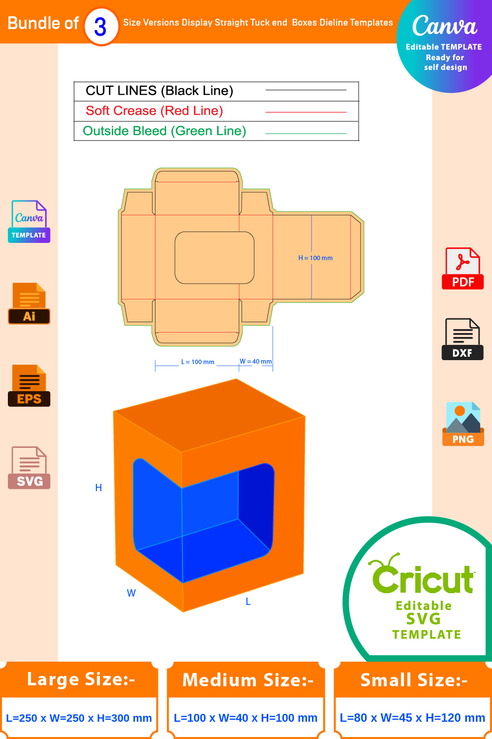 Bundle of 3 Size Display Straight Tuck end Boxes Dieline Template pinterest preview image.