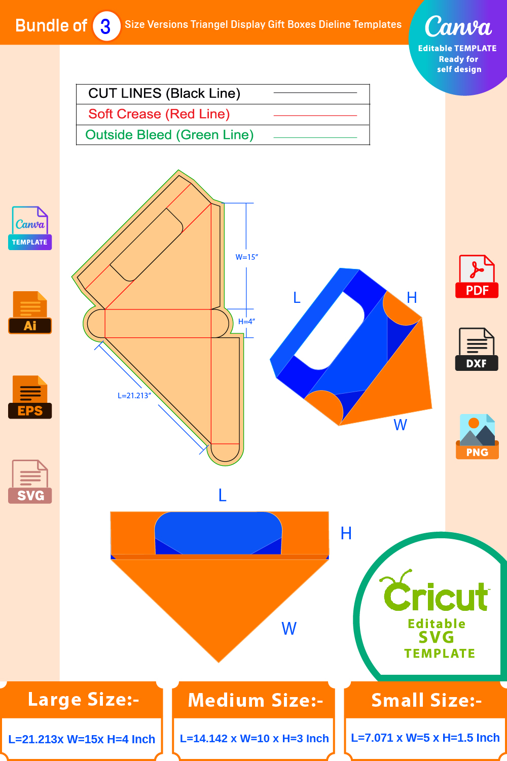 Bundle Of 3 Size Triangel Display Box Dieline Templates pinterest preview image.