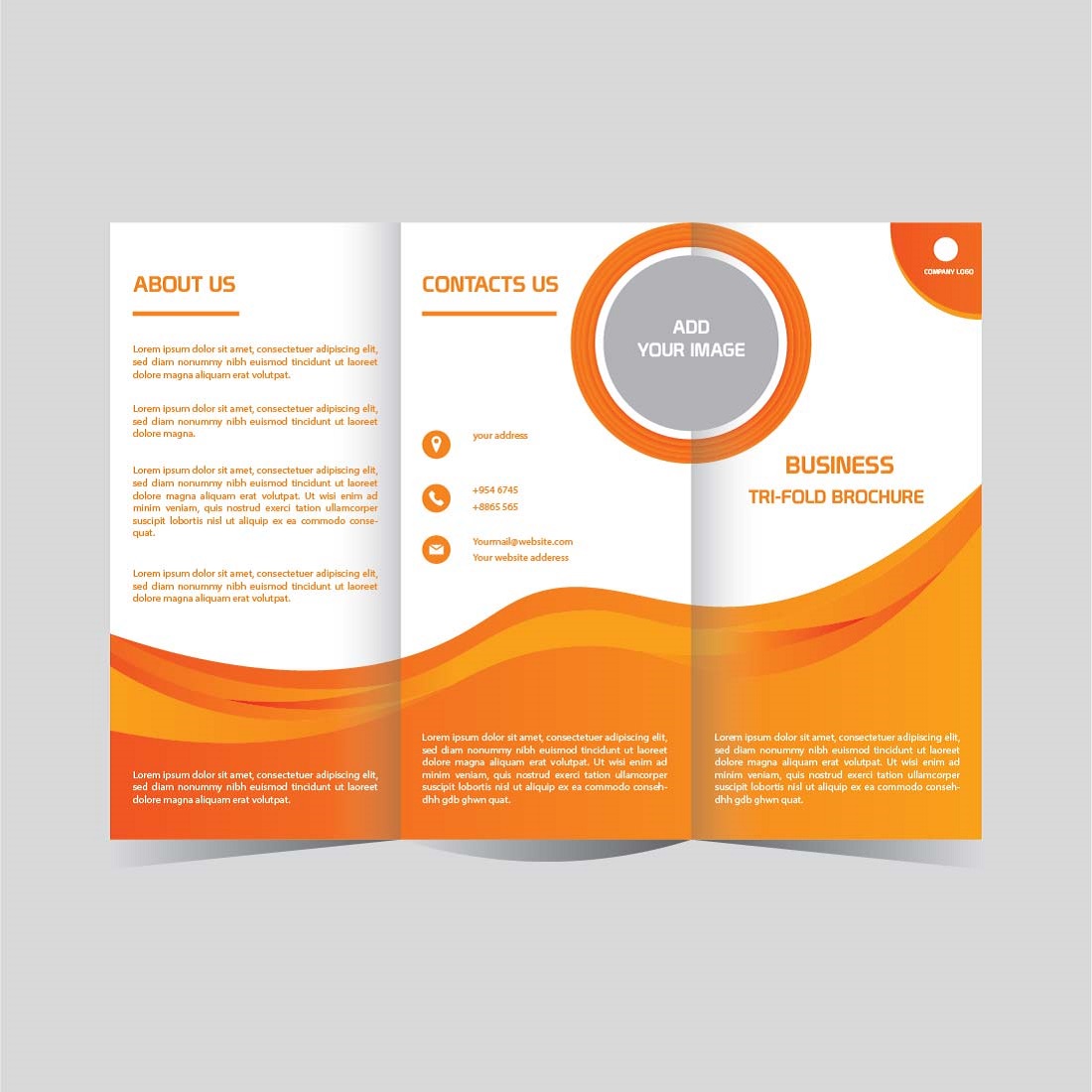 Business tri fold brochure design template preview image.