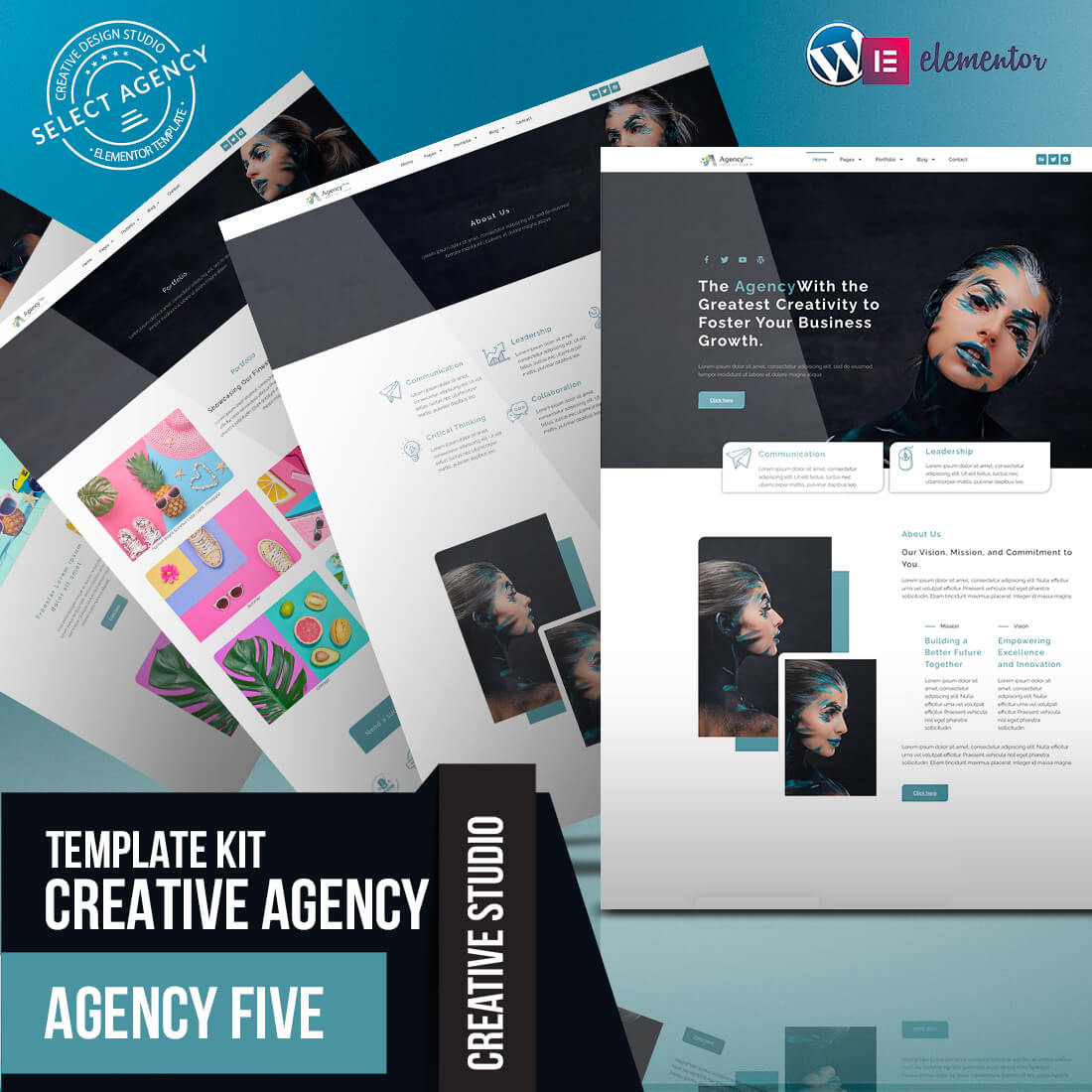 Agency Five - Premium Digital, Creative, Multipurpose Agency Elementor Template Kit preview image.