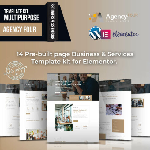 Agency Four - Multipurpose, Creative, Business, Services, Digital Elementor Template Kit cover image.