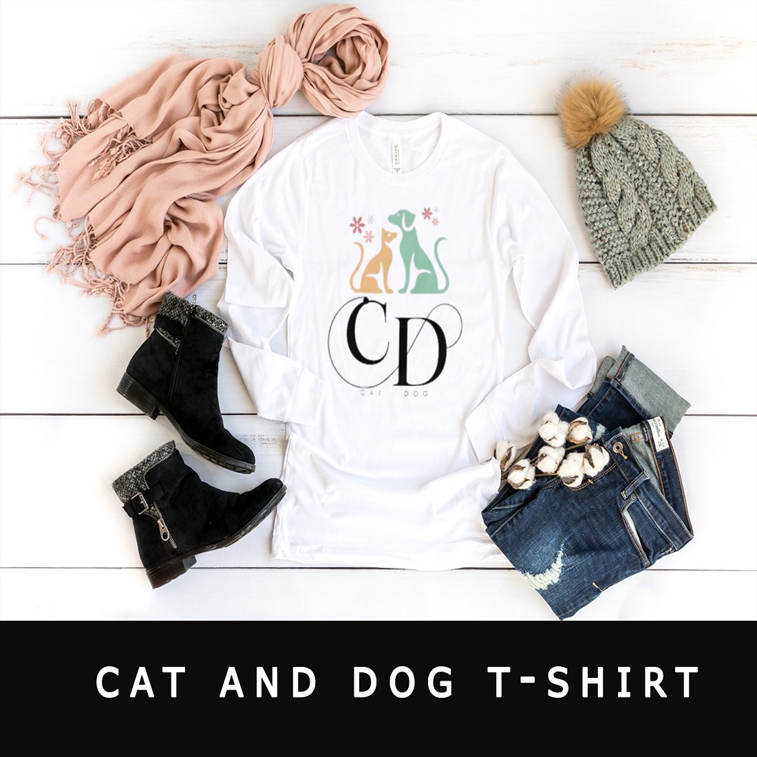 Cat And Dog - T-shirt Design Template preview image.