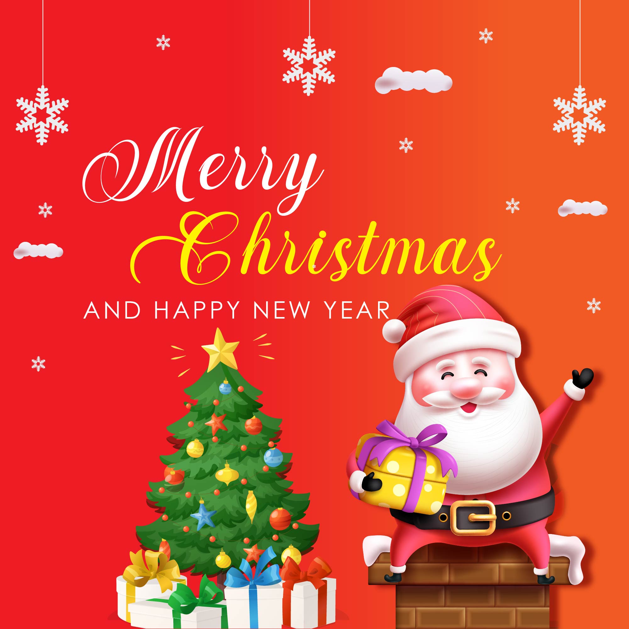 christmas vector characters like santa claus holding gift with merry christmas greeting and tree in a red and orange background. vector illustration 01 396